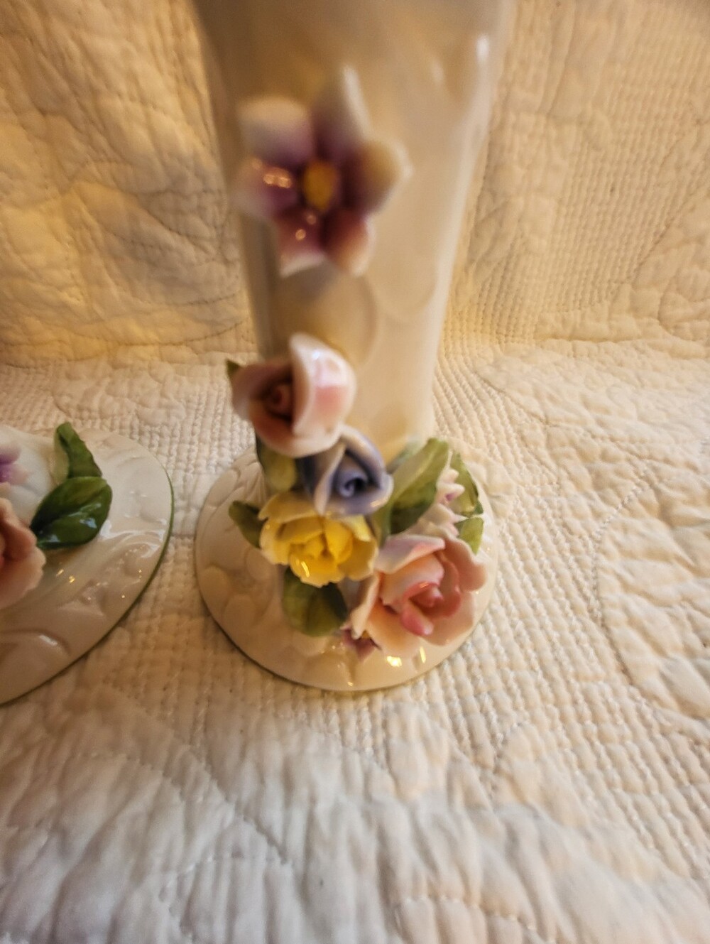 Set Of 2 Porcelain White Floral 5 Inch Candle Holders in with Pastel Roses - Picture 8 of 16